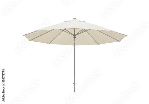 Elegant open cream patio parasol with polished silver pole, lighter cream top, beige underside, against a pristine transparent studio background for copy space, luxury outdoor living concept