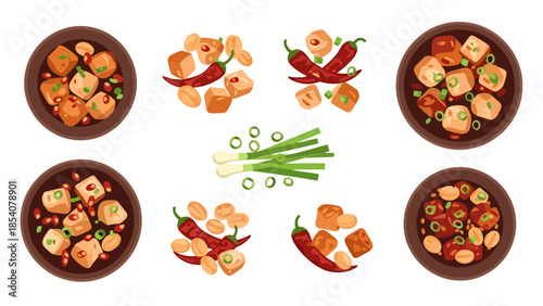 Appetizing Asian Tofu Dishes with Chili and Scallions Overhead View