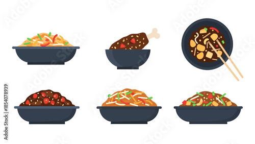 Collection of Asian Noodle and Rice Dishes in Bowls with Chopsticks