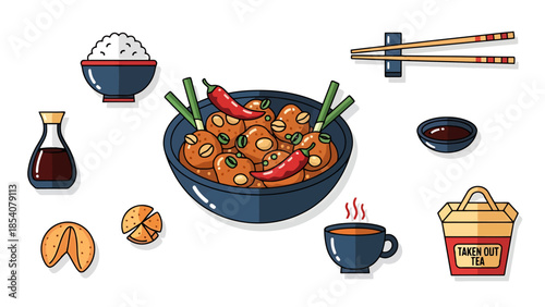 Asian Cuisine Icons Food Drinks and Utensils Collection