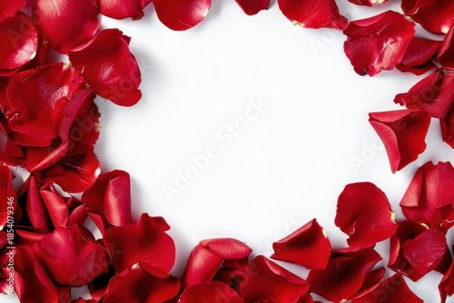 Beautiful vibrant red rose petals form an elegant border frame on white on transparent background