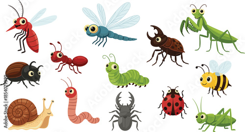 Cute insects and bugs vector illustration set with butterfly, beetle, ant, bee, snail and grasshopper characters