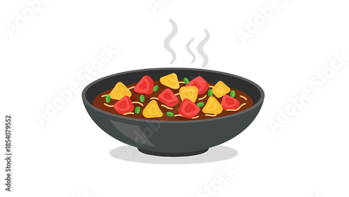 Hot Bowl of Stew or Curry with Vegetables and Protein Steaming Food Concept