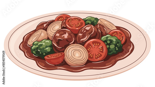 Hearty Stew Dish with Meatballs Vegetables and Rich Gravy on a Plate