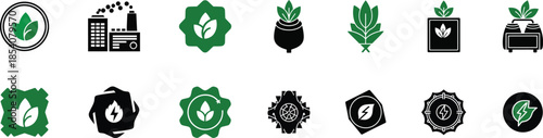 Collection of 12 black and green shield like logos isolated on transparent background