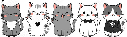 Cute kawaii cat characters vector illustration set with different emotions, poses and outfits in cartoon style