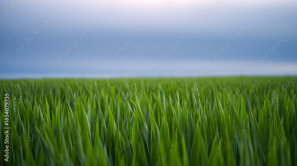 Obraz premium Green grass stands tall in a field under a cloudy sky during early morning hours