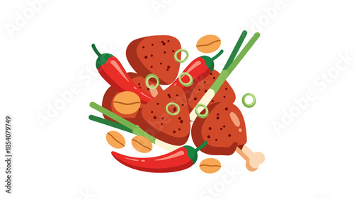 Spicy Meatballs and Chili Peppers with Scallions and Peanuts on White Background