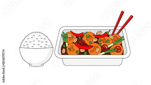 Asian Food Dish with Rice and Chopsticks Studio Shot