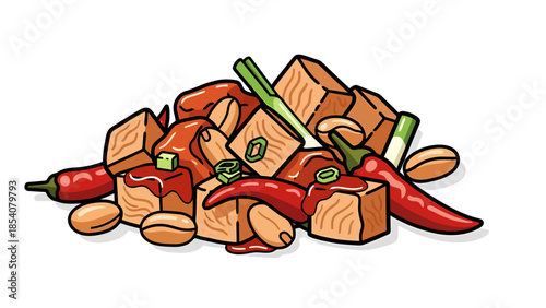 Spicy Tofu Meal Preparation with Chili Peppers and Peanuts