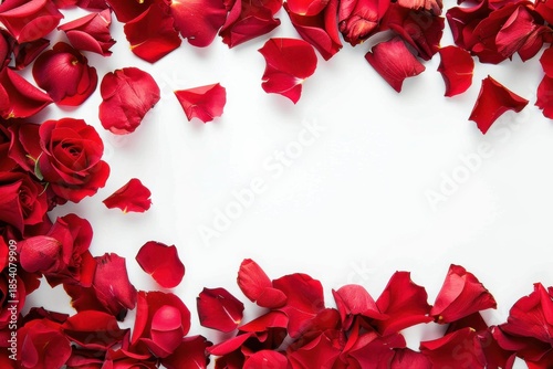 Vibrant romantic red rose petals frame a pristine white background for on transparent background