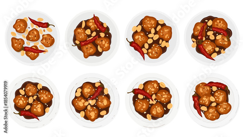 Set of Delicious Food Dishes with Peanuts and Chili Peppers on Plates