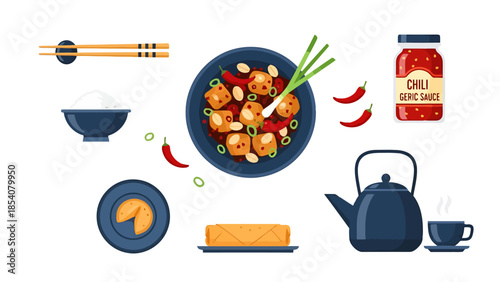 Asian Cuisine Flat Lay Display with Tofu Spring Rolls Tea and Condiments