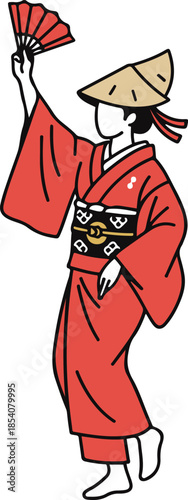 Japanese woman dancing in traditional red kimono and straw hat holding a folding fan. Vector illustration of a female folk dancer performing a festival dance like Awa Odori or Bon Odori,