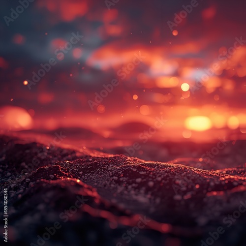 Vibrant red and orange sunset over rugged terrain, dramatic sky with clouds and bokeh lights, Radio Day