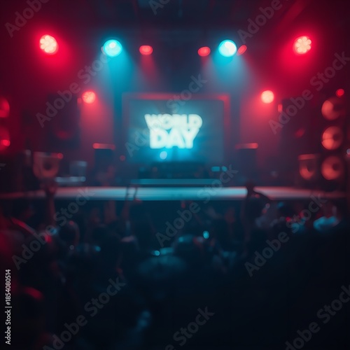 Concert stage with World Day sign, crowd in background, colorful lights shining down, Radio Day