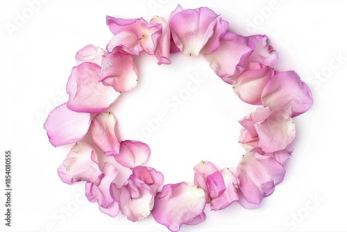Soft pink rose petals forming a delicate romantic circle frame for love on transparent background