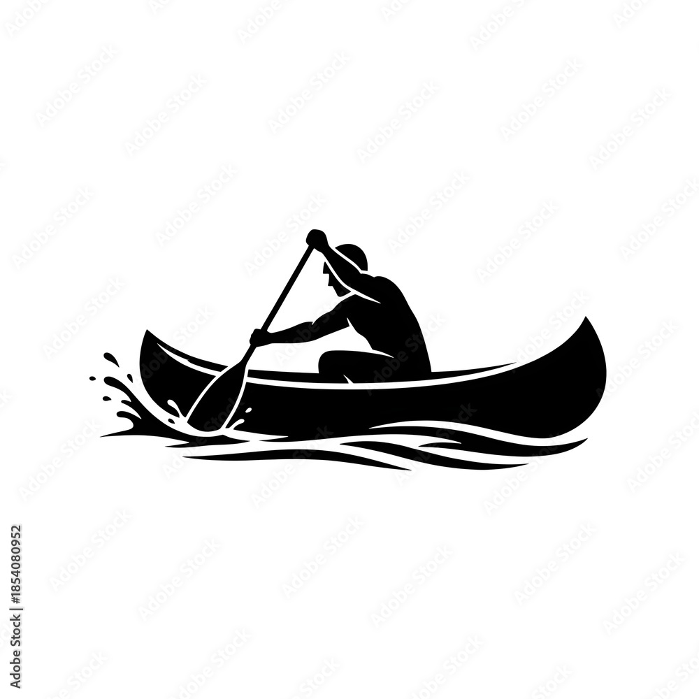 Fototapeta premium Man rowing a canoe boat on water waves black silhouette vector illustration for outdoor adventure