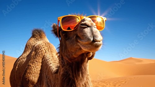 Camel wearing sunglasses in desert sunlight
