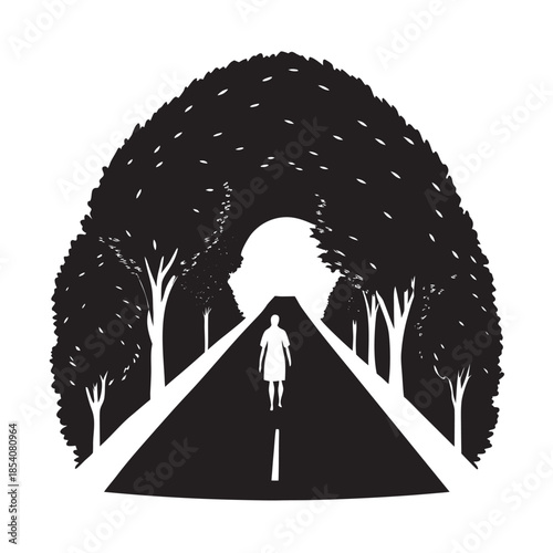 Model Walking in a Quiet Tree Tunnel Roadway