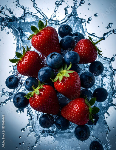 High-Speed Water Splash of Strawberries and Blueberries, Clean Food Background