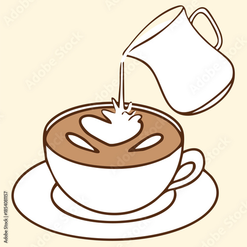 Minimal line illustration of cappuccino with milk being poured into a coffee cup, simple flat coffee concept