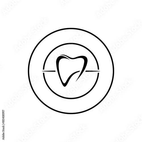 Black and white minimalist dental tooth logo design within a circular frame, representing oral health and dentistry services.