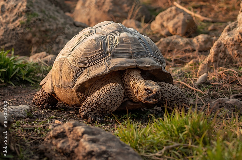 Obraz premium A giant tortoise with wrinkled skin moves slowly through a rocky terrain with aged facial features.