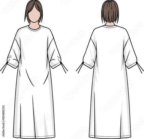 Female hospital patient gown front and back view illustration showing medical clothing design, healthcare apparel, clinical wear, and treatment concept
