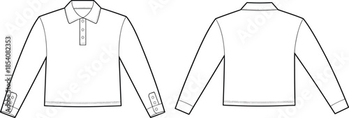 Long sleeve polo shirt technical flat front and back view illustration for apparel design, fashion manufacturing, and clothing specification use