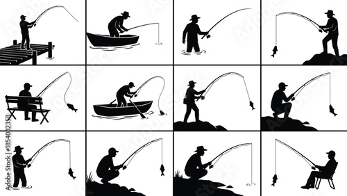 Fishing silhouette icon grid showing anglers casting rods from boat, pier, river, rocks, and shore in diverse outdoor scenes