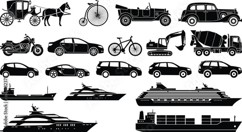Transportation evolution silhouette icon set showing vintage horse carriage, bicycles, classic cars, modern vehicles, construction machines, ships, and cruise vessels