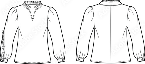 Women’s long sleeve blouse technical flat front and back view illustration for fashion design, apparel manufacturing, and clothing specificationWomen’s long sleeve blouse 