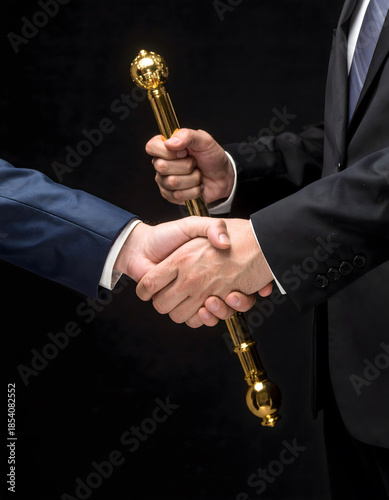 Two Businessmen Shaking Hands While Exchanging Leadership Baton
