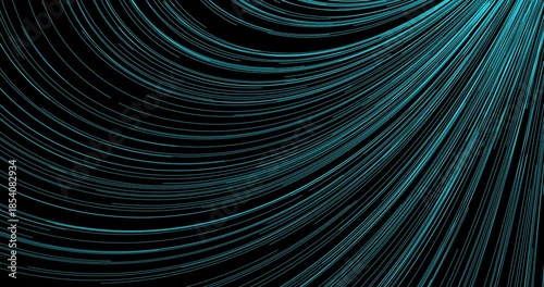 An abstract stream of luminous tracks weaves a mesmerizing pattern, filling the space with dynamics. The energy of moving particles creates the feeling of space travel.