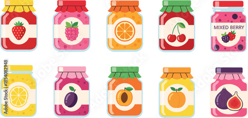 Fruit jam jars vector illustration set with strawberry, raspberry, orange, cherry and mixed berry preserves