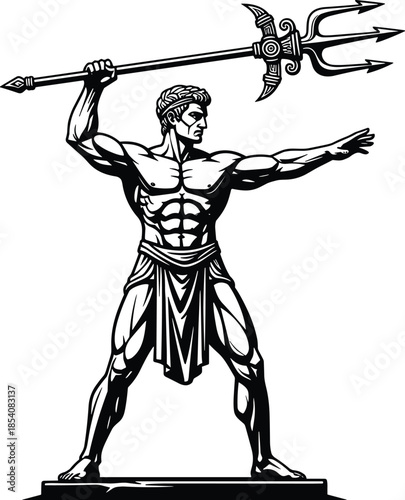 Greek god neptune poseidon with trident statue line art cad drawing flat vector illustration for mythology ancient history and tattoo
