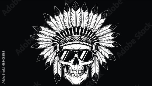 Indian Chief Skull wearing Headdress and Sunglasses, Native American Warrior Head, Cad Drawing Flat Vector Illustration, Tribal Culture Graphic Design