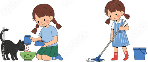 Girl doing household chores vector illustration set with feeding cat and cleaning floor in cute cartoon style