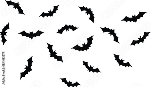 Halloween bat silhouettes vector set with flying bats in black isolated spooky horror illustration style