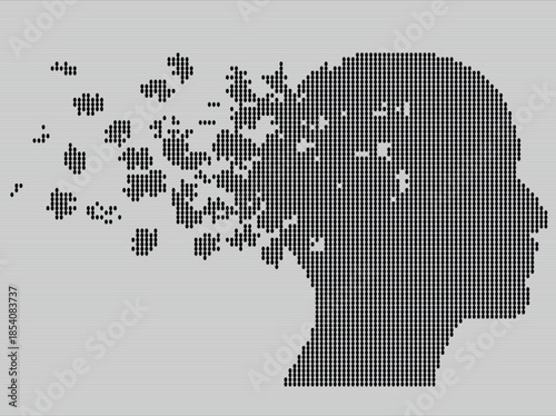 Conceptual Vector Illustration of Pixelated Human Head Profile Dissolving, Memory Loss or Digital Identity