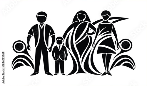 Diverse Family Silhouette with Father, Mother, Son, and Daughter Posed Together Abstractly.