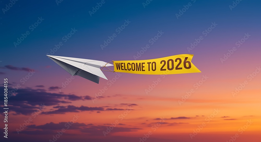 Obraz premium Paper airplane with welcome to 2026 banner at sunset