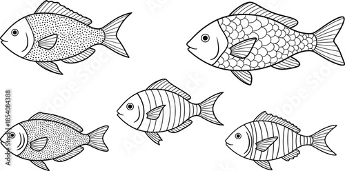 Hand drawn fish sketch vector set with different scale patterns in black and white outline style