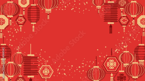 Festive Chinese Lanterns and Confetti Celebrating Traditional Lunar New Year Festivities