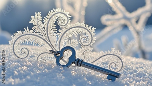 vintage metal key on snow with frost patterns for winter greeting cards, holiday blogs, mystery book covers, seasonal flyers, festive stationery design, with copy space on bokeh background