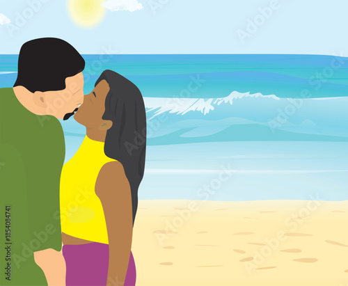 Couple kissing on beach. vector