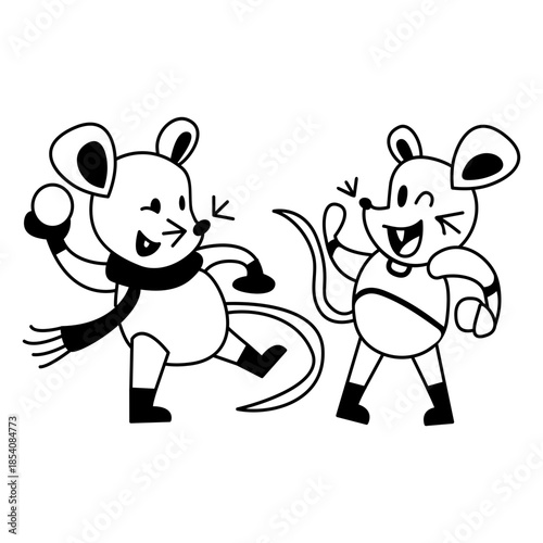 Winter animal character mice play snowballs