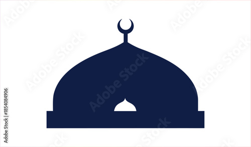 Islamic Mosque Dome Silhouette with Crescent Moon Symbol on White Background, Minimalist Design
