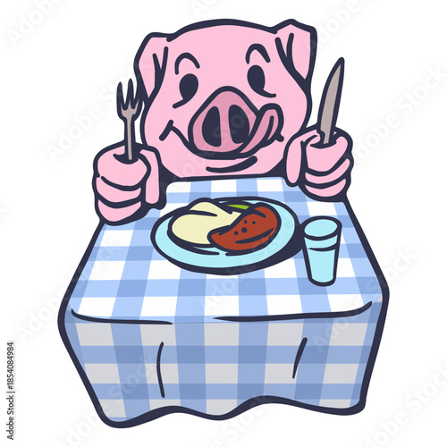 Pig eating at table cartoon